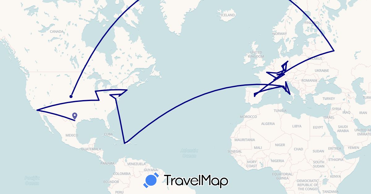 TravelMap itinerary: driving in Switzerland, Germany, Dominican Republic, Spain, France, Haiti, Italy, Russia, United States (Europe, North America)